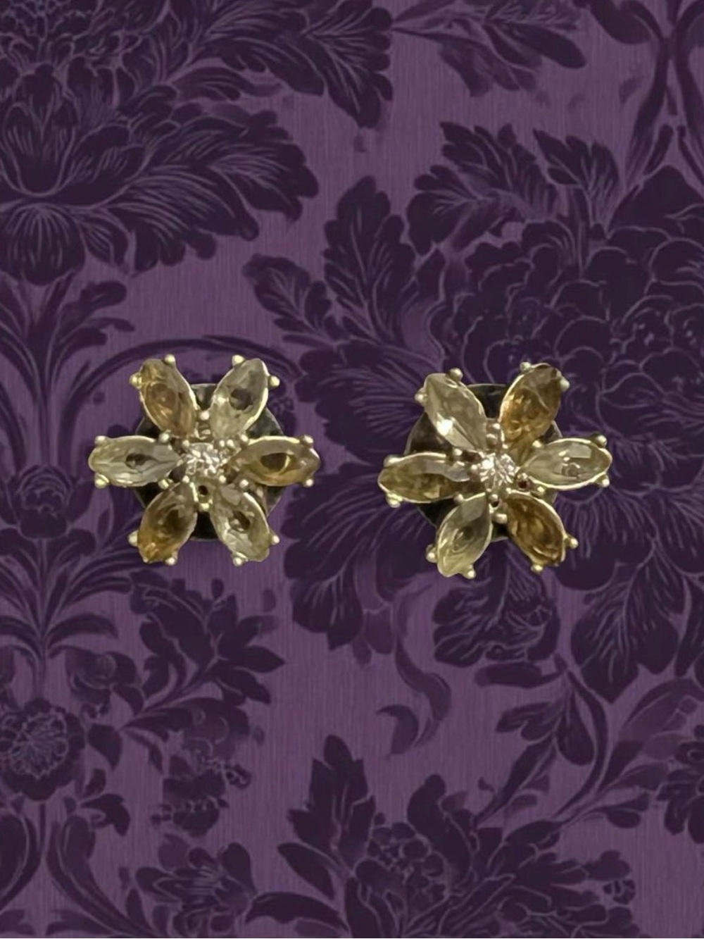Flower Earrings Smoky Gray Brown Navette Marquise Cut Stones